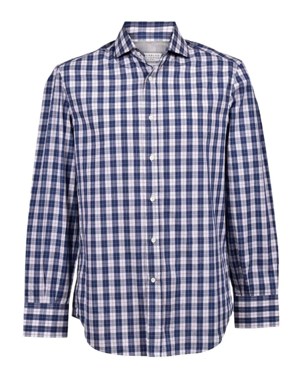 Brunello Cucinelli Blue Checked Cotton Shirt for men