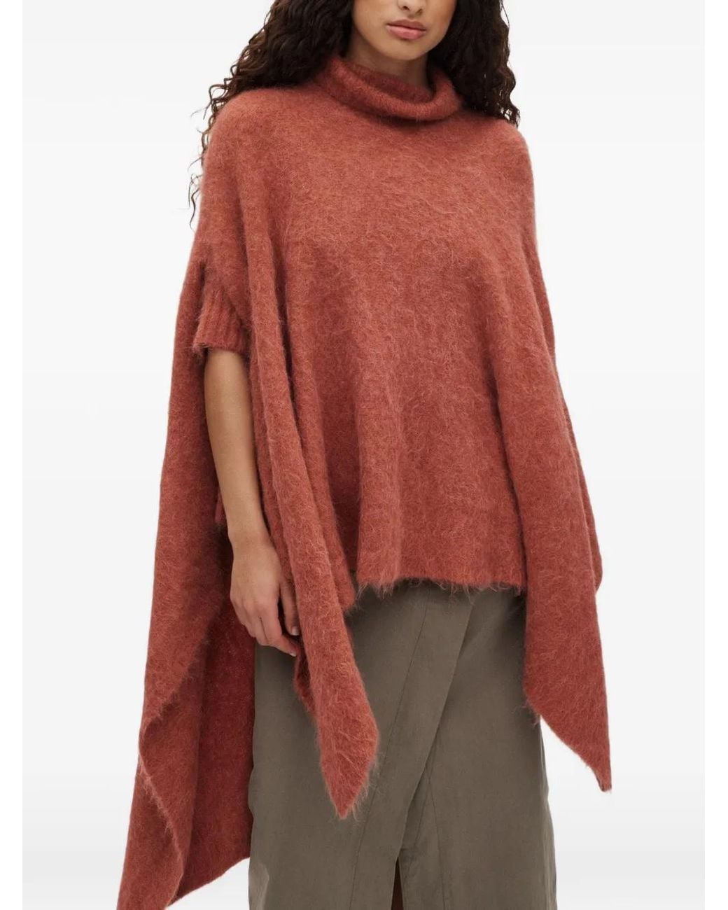 Rabens Saloner Red Dede Asymmetric Brushed-Knit Poncho