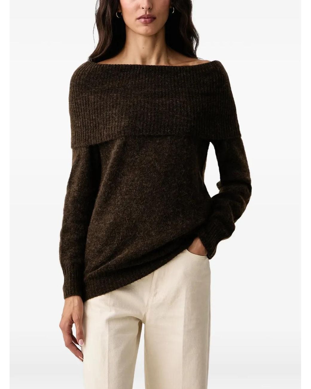 Mos Mosh Black Mape Off-Shoulder Ribbed-Knit Sweater