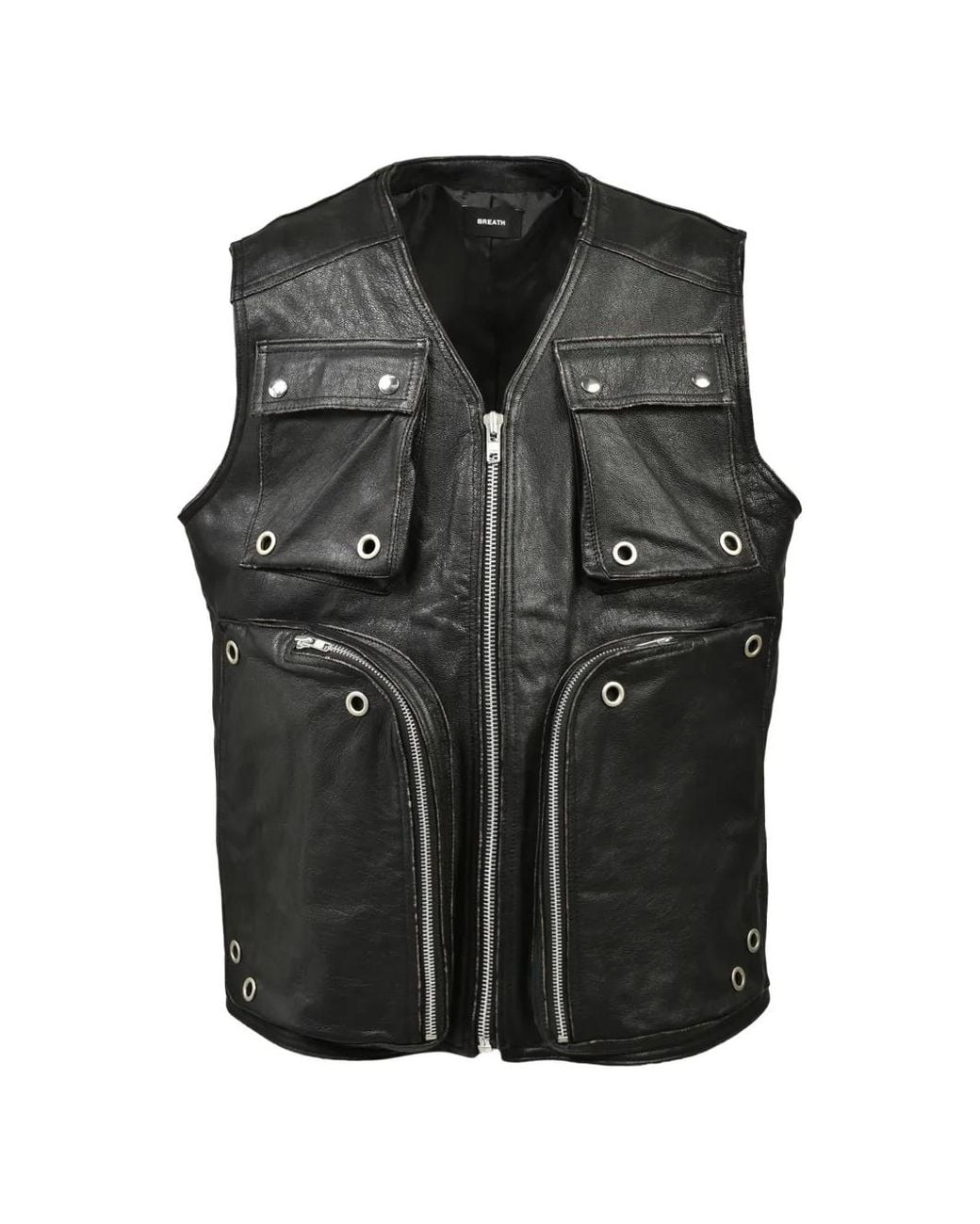 BREATH Black Grunge Eyelet-Embellished Leather Cargo Vest for men