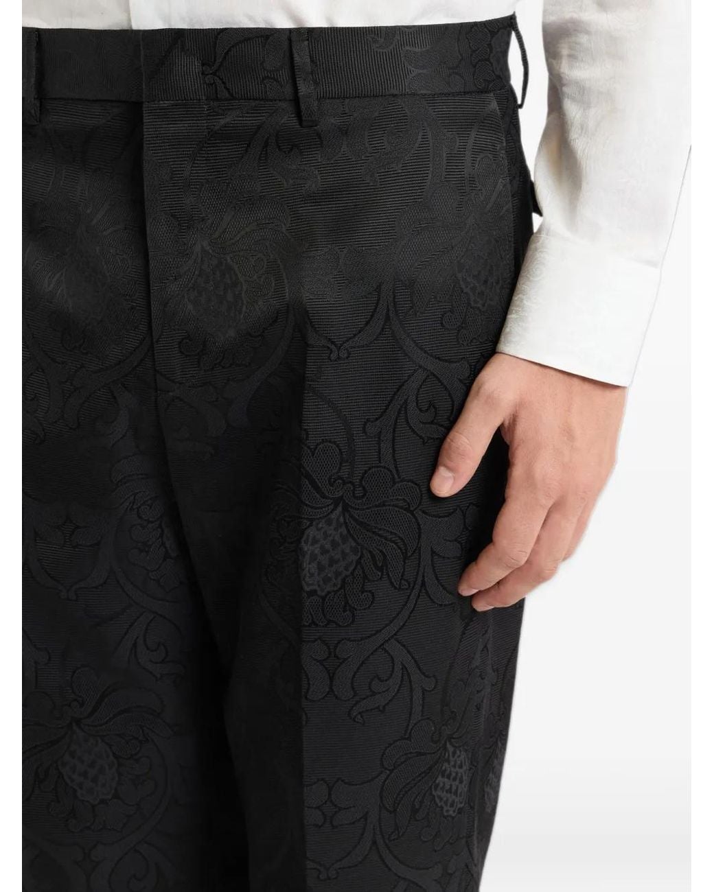 Etro Black Straight-Leg Cotton-Blend Jacquard Trousers With Damask-Motif for men