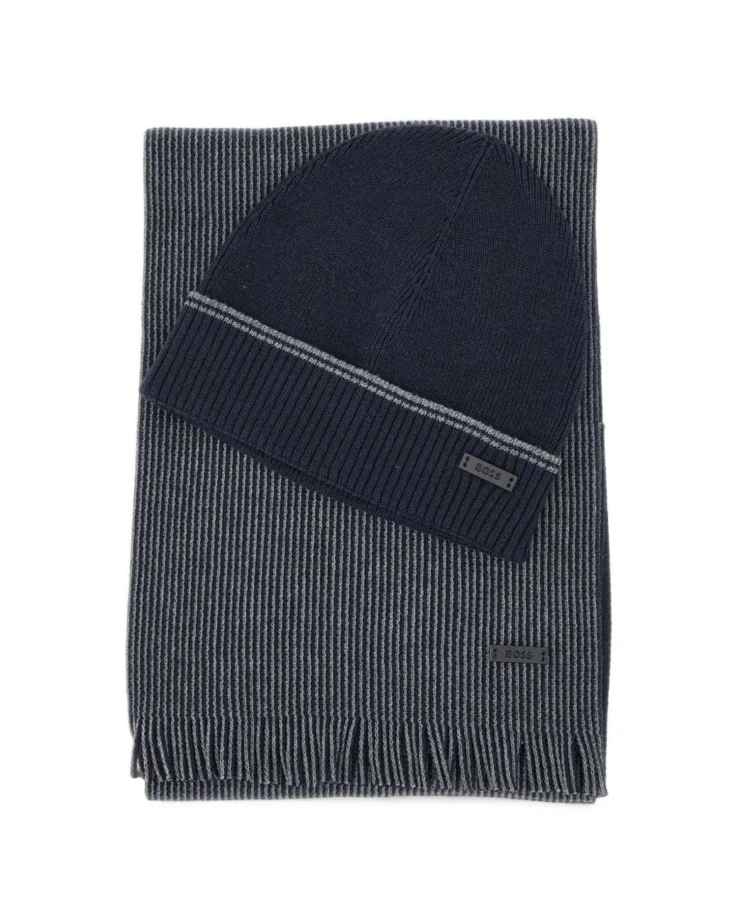 Boss Blue Ribbed Hat And Striped Scarf Set for men