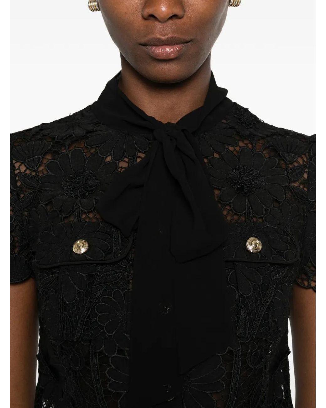 Self-Portrait Black Lace Tie Neck Top