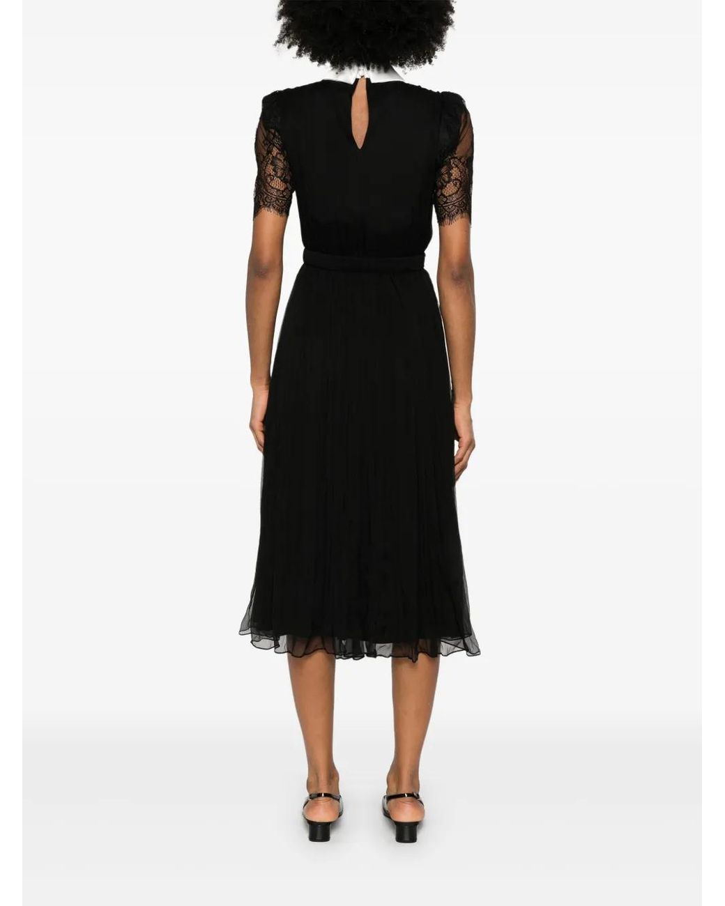 Nissa Black Lace-Detail Silk Midi Dress
