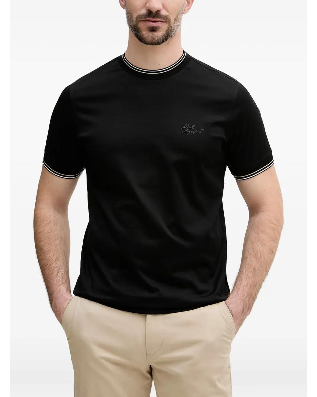 Karl Lagerfeld Black Logo-Embroidered Tipped T-Shirt for men