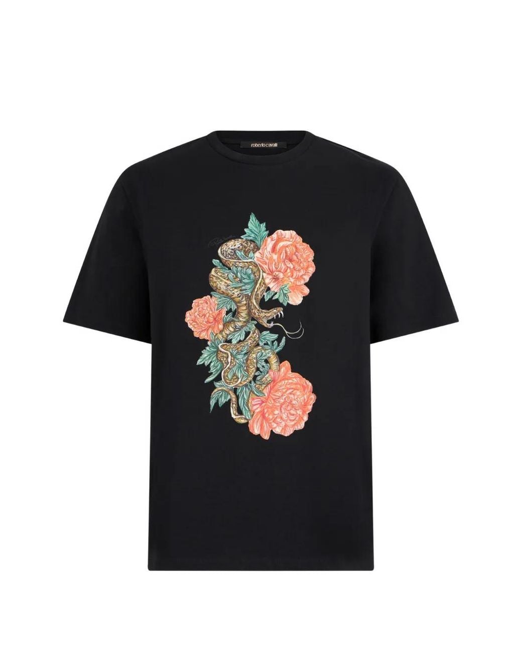 Roberto Cavalli Black Snake Floral-Print T-Shirt for men