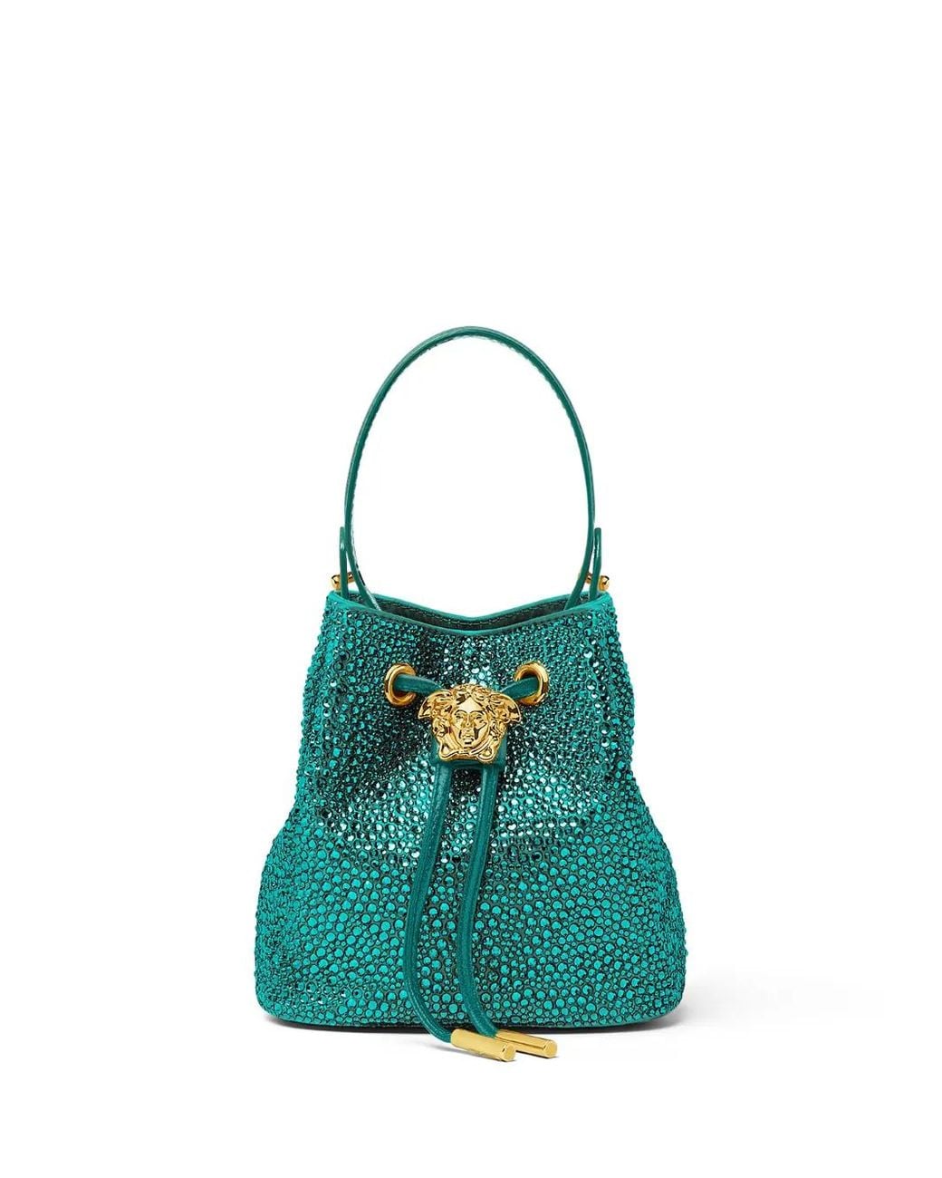Versace Blue La Medusa Embellished Satin Mini Bucket Bag