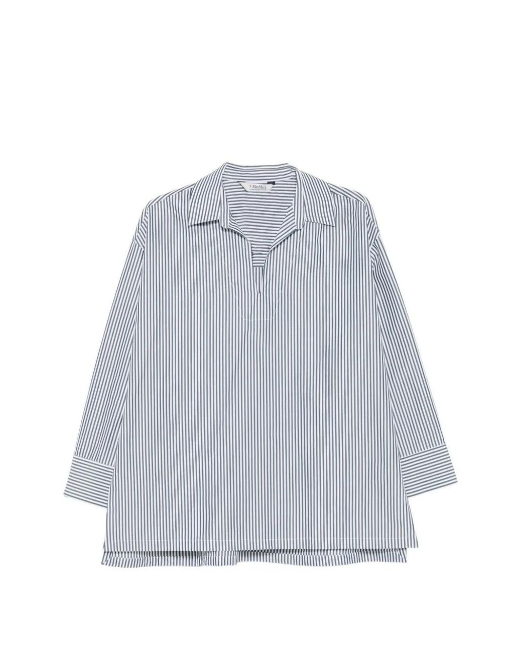 Max Mara Gray Cristel Striped Cotton Shirt With Chest Pocket And Button Cuffs
