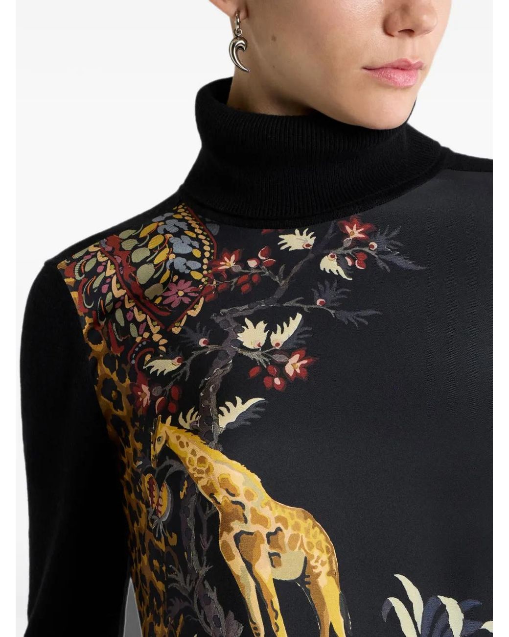 Etro Black Wool-Blend Turtleneck Sweater With Placed Animal And Paisley Print