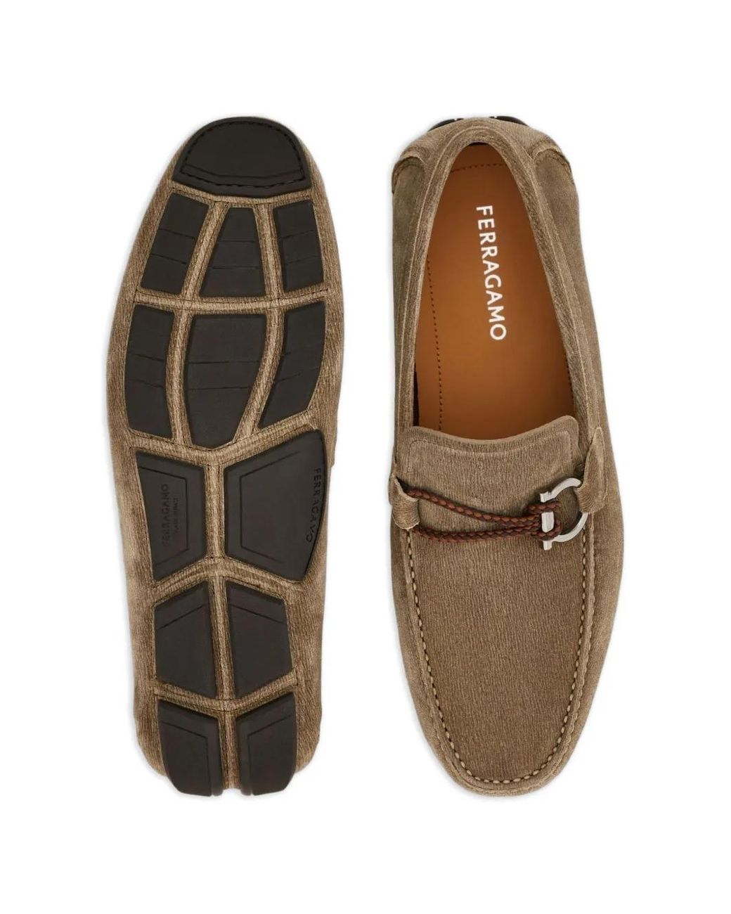 Ferragamo Brown Gancini Driver Ornament Loafers for men