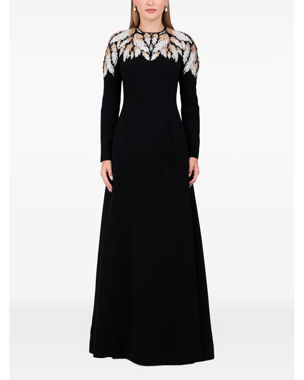 Dina Melwani Black Crystal-Leaf Maxi Dress