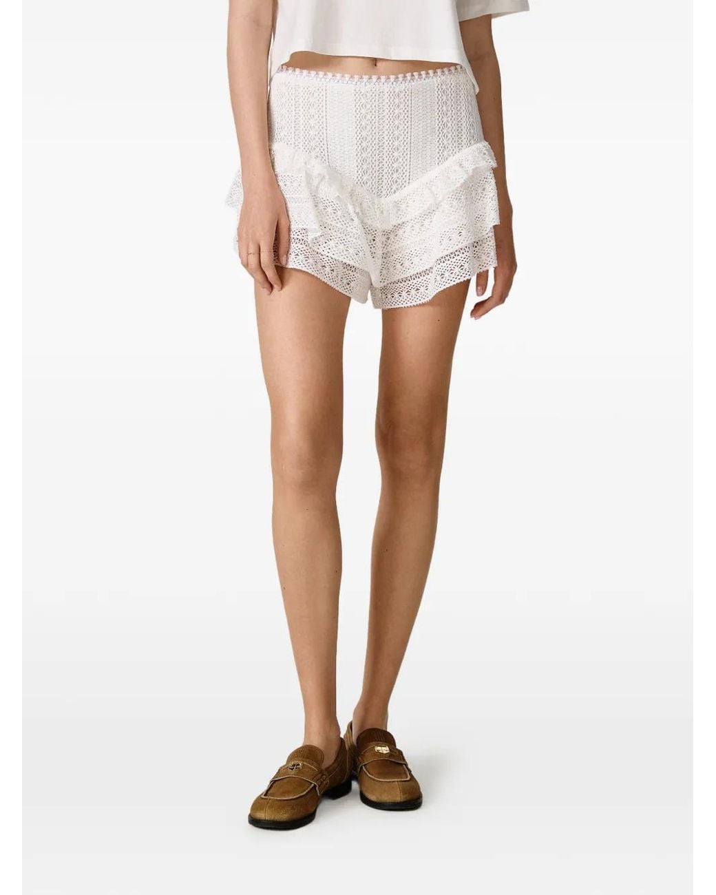 Pink White Ruffled Lace-Embroidered Shorts