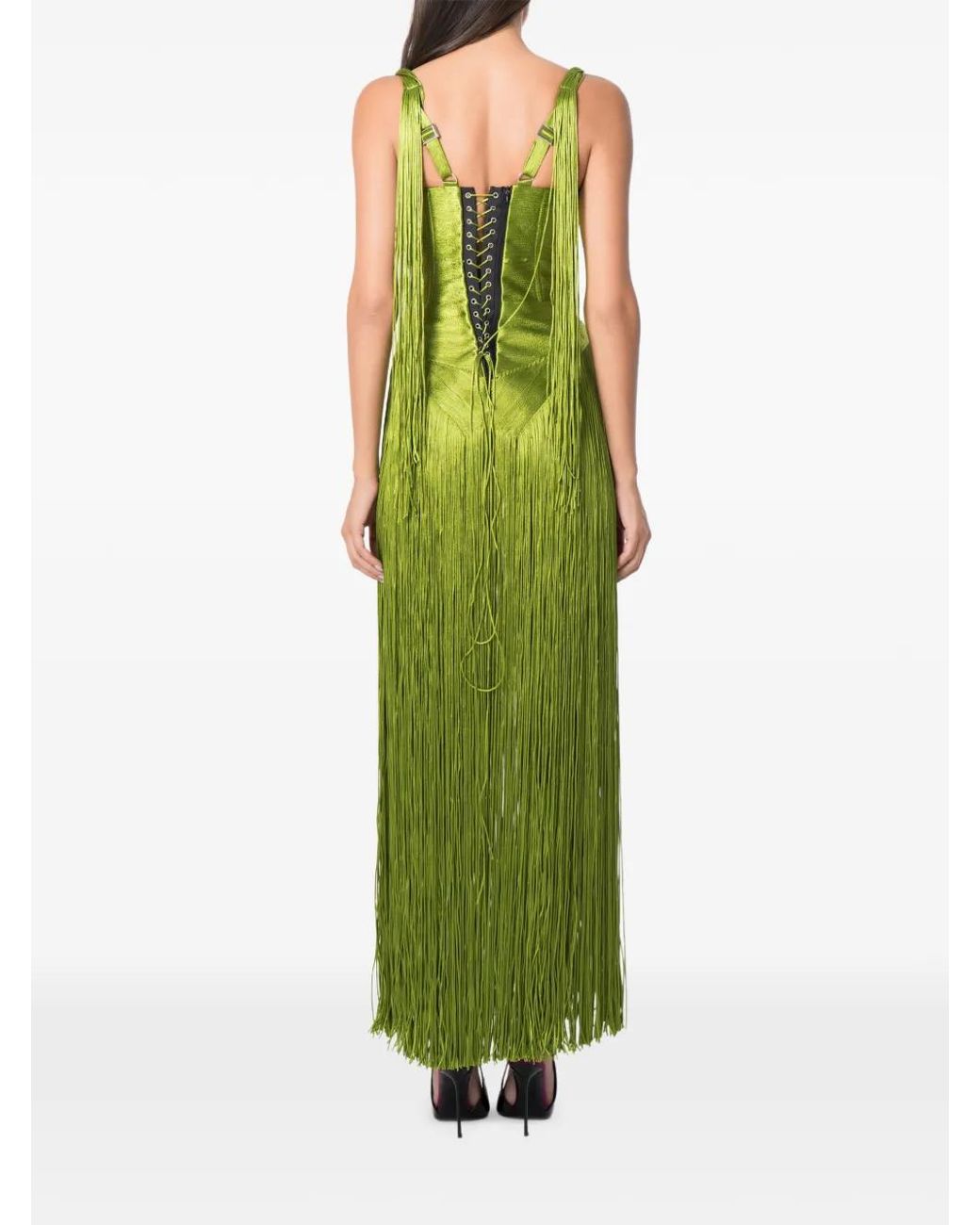 NORINA ST Green Swan Fringe-Trim Corset Maxi Dress
