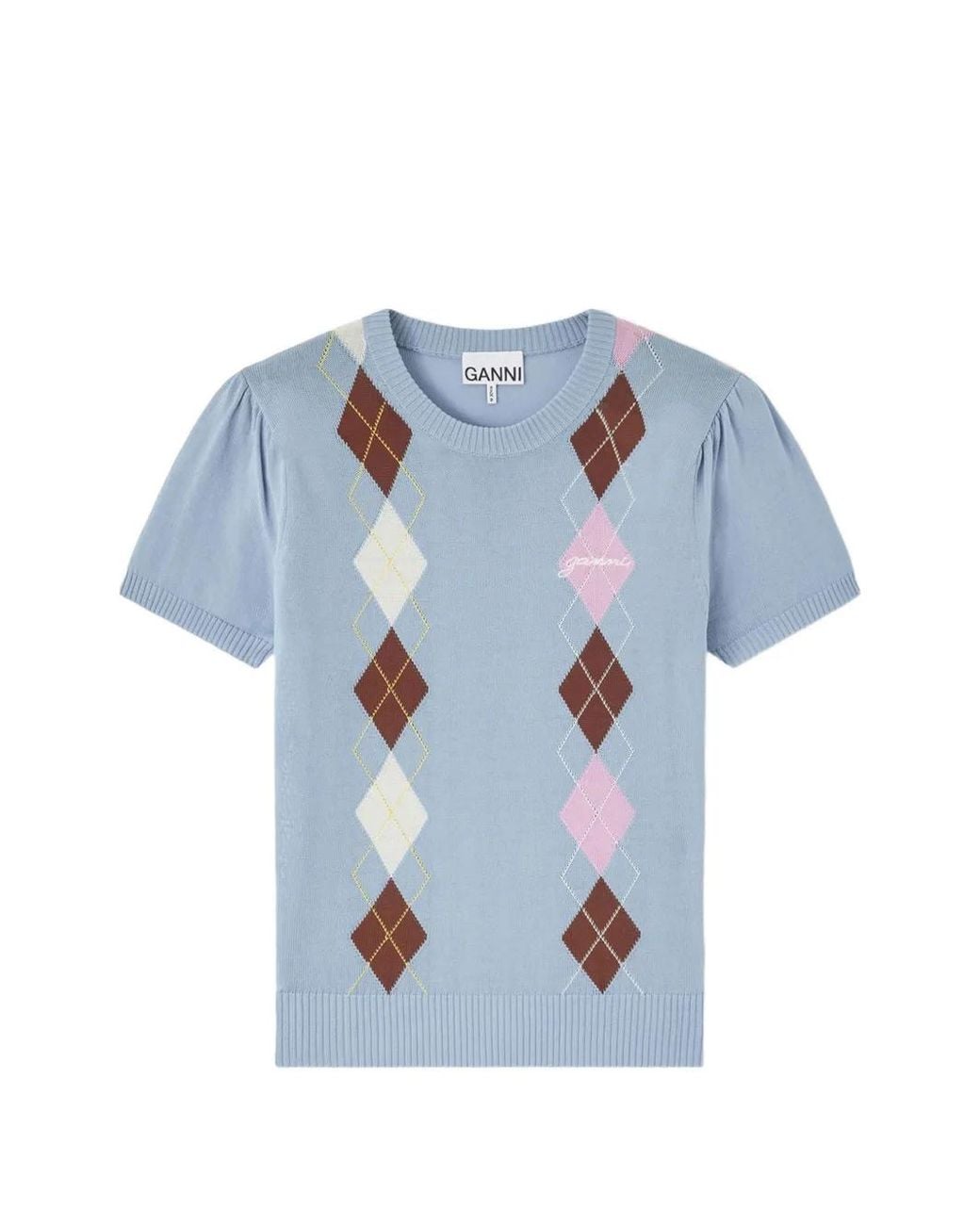 Ganni Blue Cotton Argyle T-Shirt