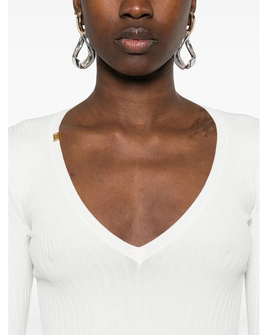Elisabetta Franchi White V-Neck Ribbed Top