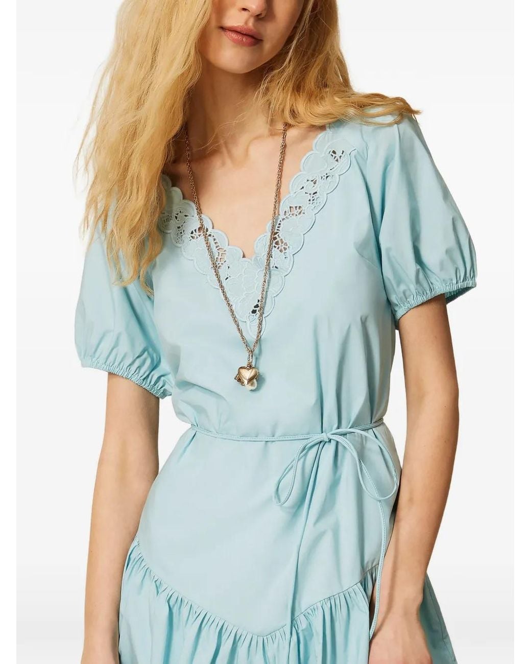 Twinset Blue Short Poplin And Broderie Anglaise Dress