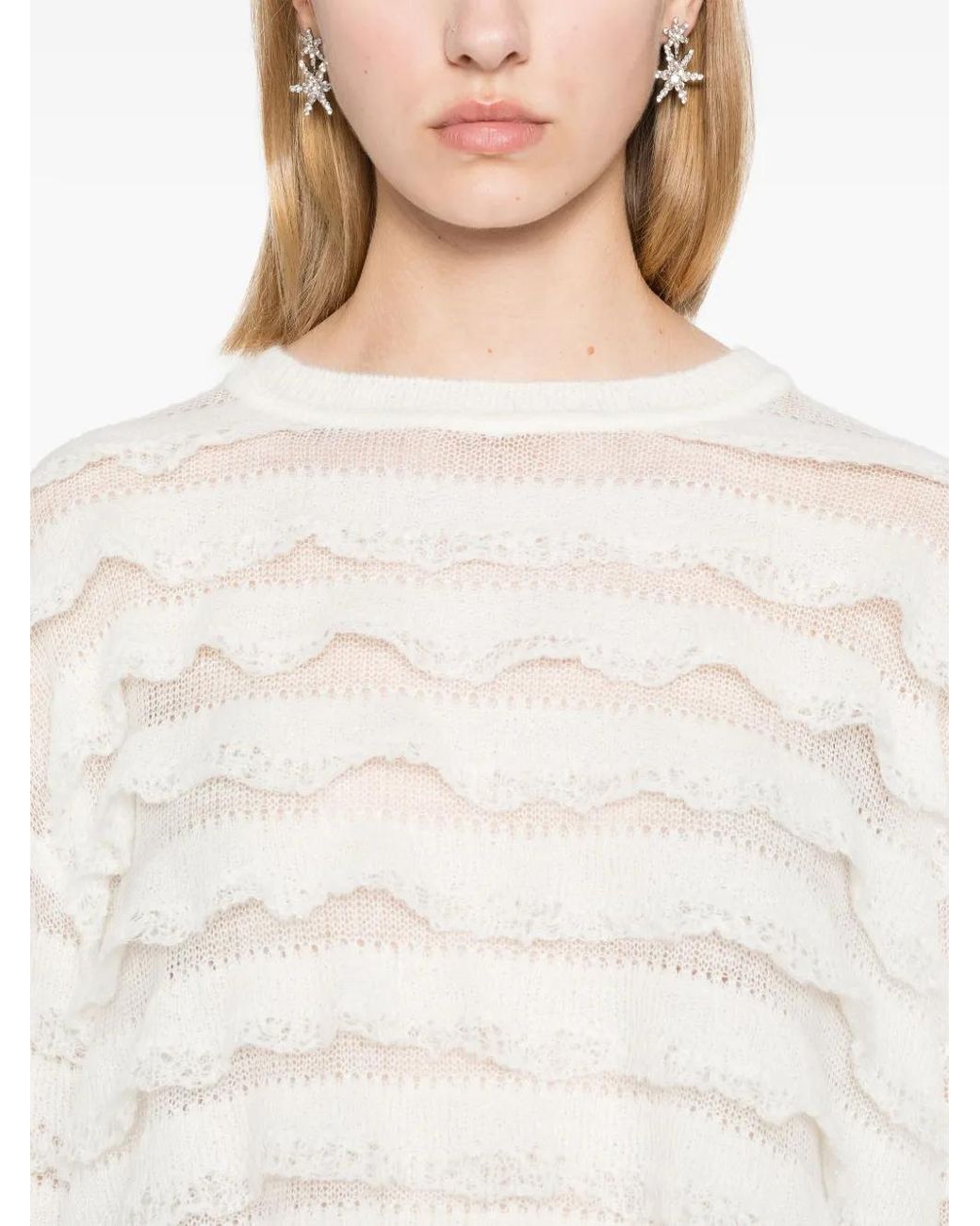 Twinset White Ruffled Open-Knit Jumper