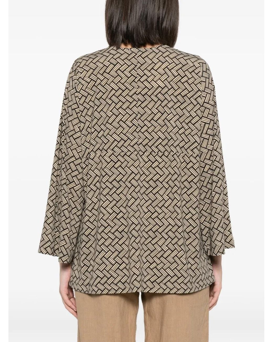 Siyu Brown Geometric-Pattern V-Neck Blouse