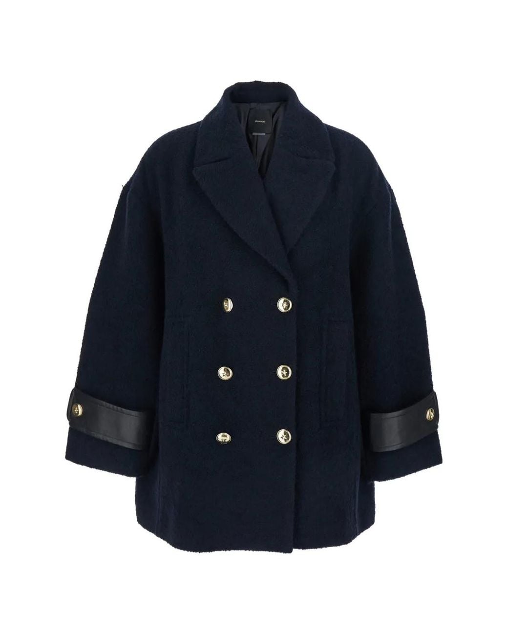 Pinko Blue Double-Breasted Coat With Leather Cuffs And Accents