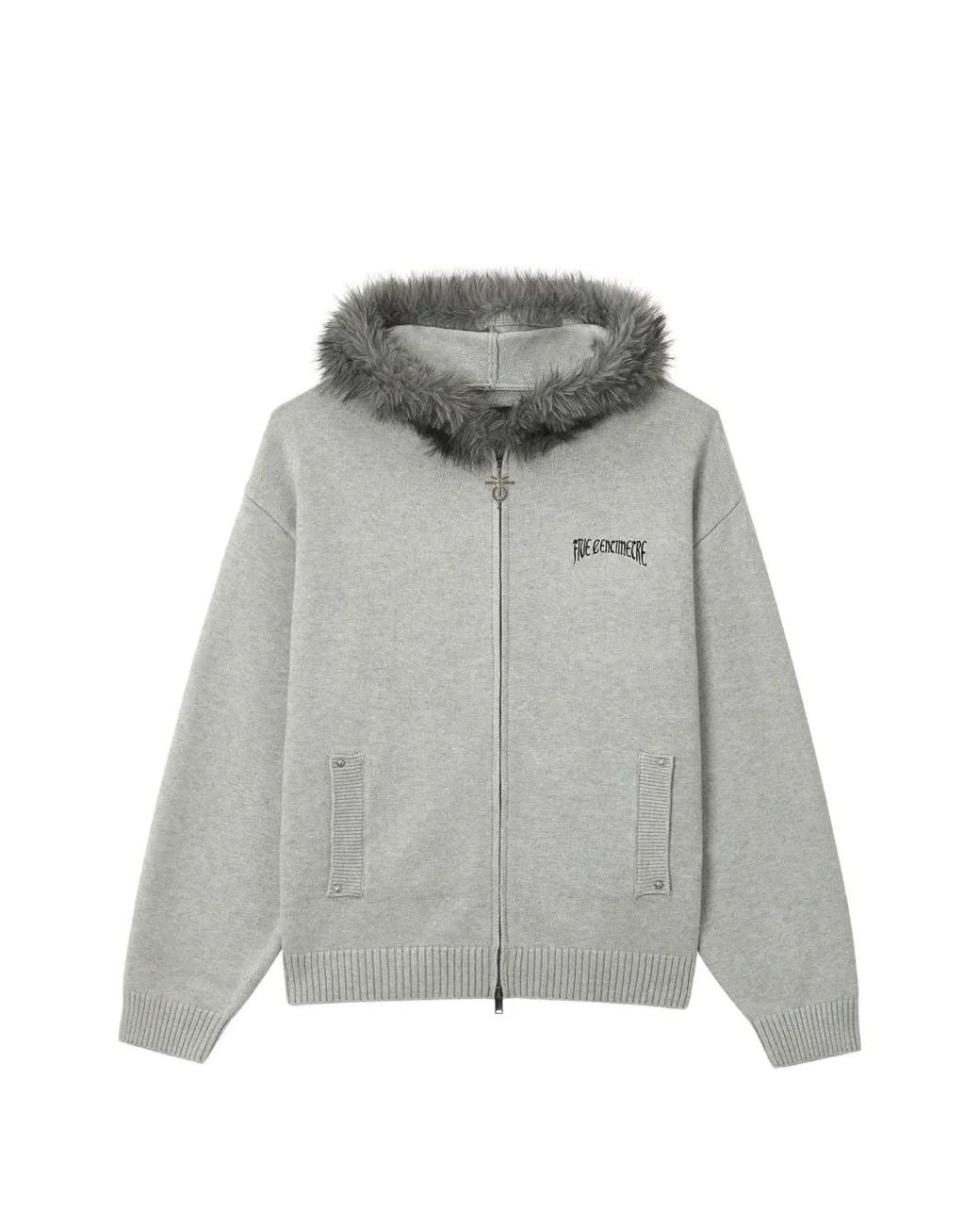 FIVE CM Gray Faux-Fur Trim Intarsia-Knit Hoodie for men