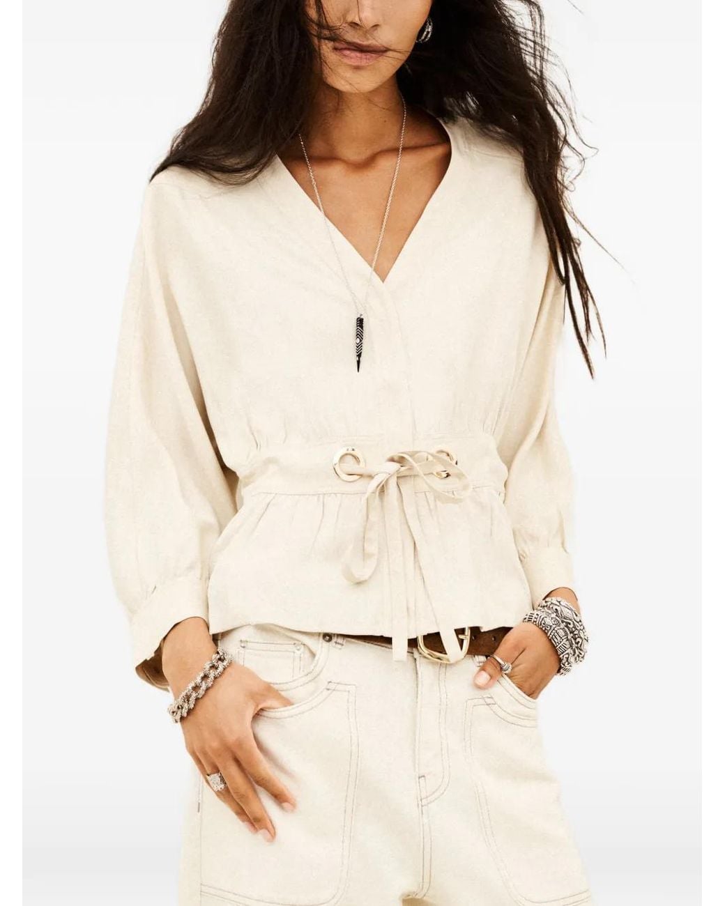 Ba&sh Natural Precila Bluse Mit Schößchen Und Bindeband