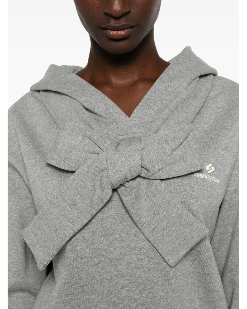 ShuShu/Tong Gray Bow-Detail Logo-Print Hoodie