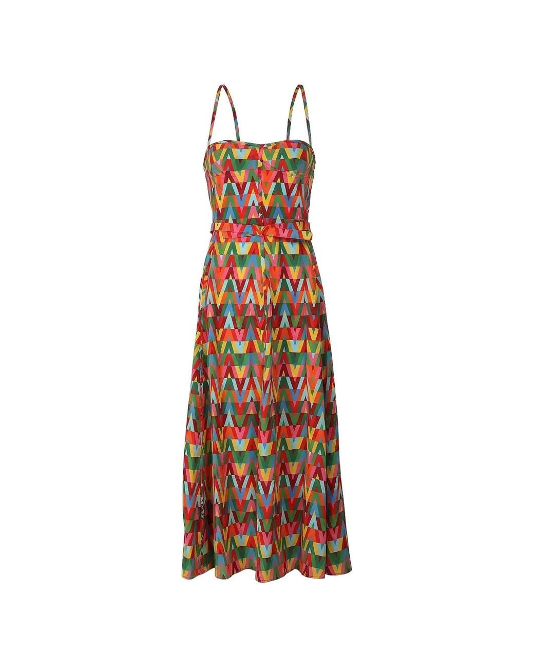 Valentino Garavani White Geometric Belted Midi Dress