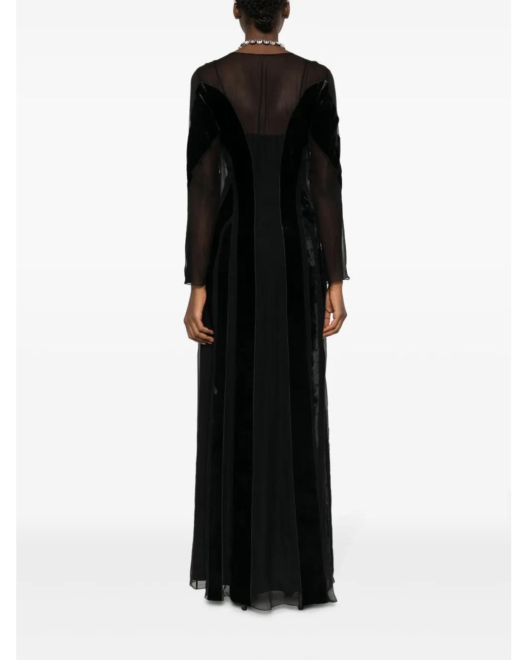 Alberta Ferretti Black Sheer-Panelled Velvet-Trim Maxi Dress