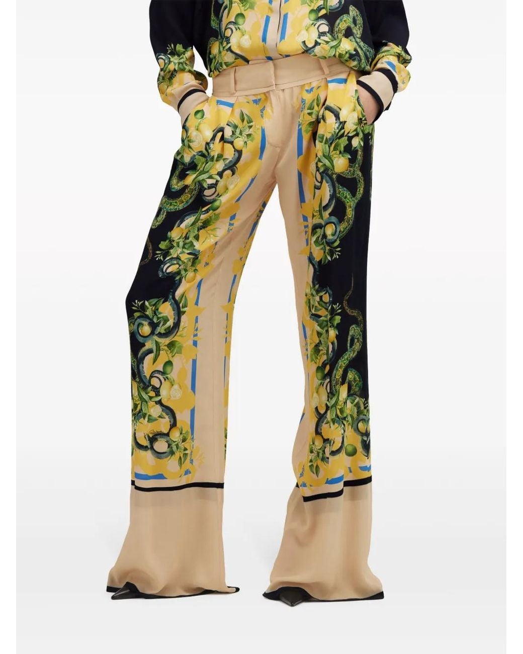 Roberto Cavalli Yellow Floral-Print Straight-Leg Trousers