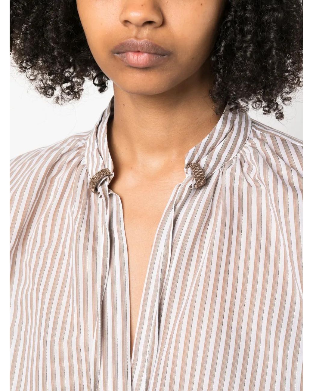 Brunello Cucinelli Pink Split-Neck Striped Blouse