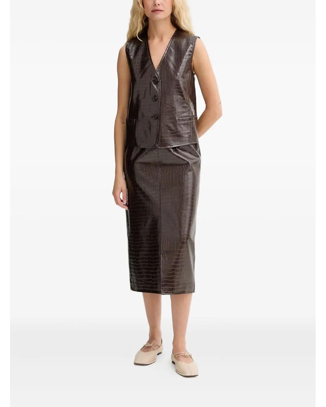 Isabelle Blanche Brown Button-Up Crocodile-Effect Waistcoat