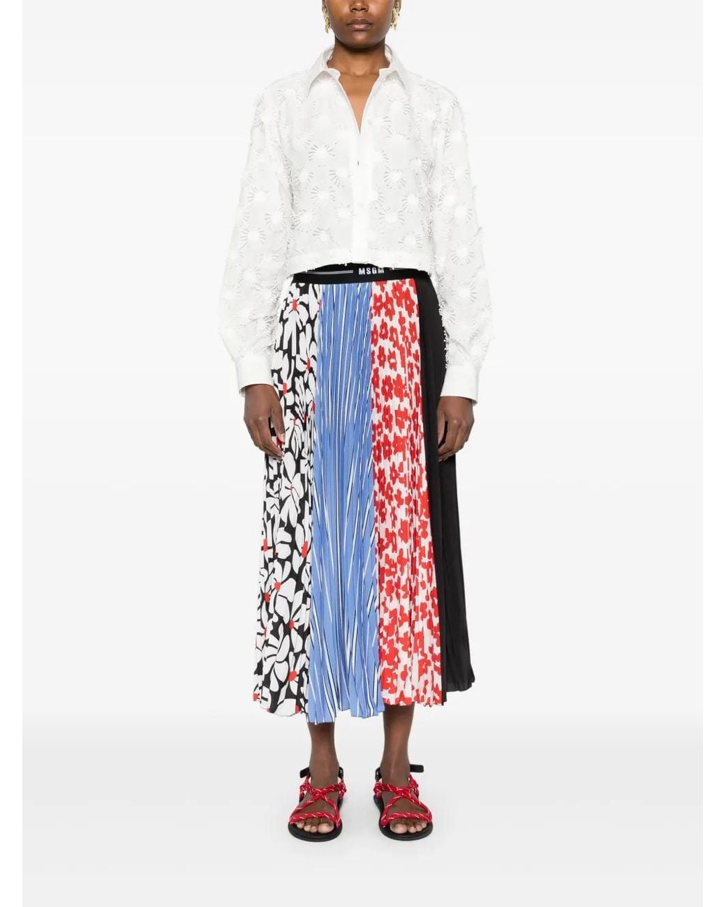 MSGM Red Mix-Print Midi Skirt