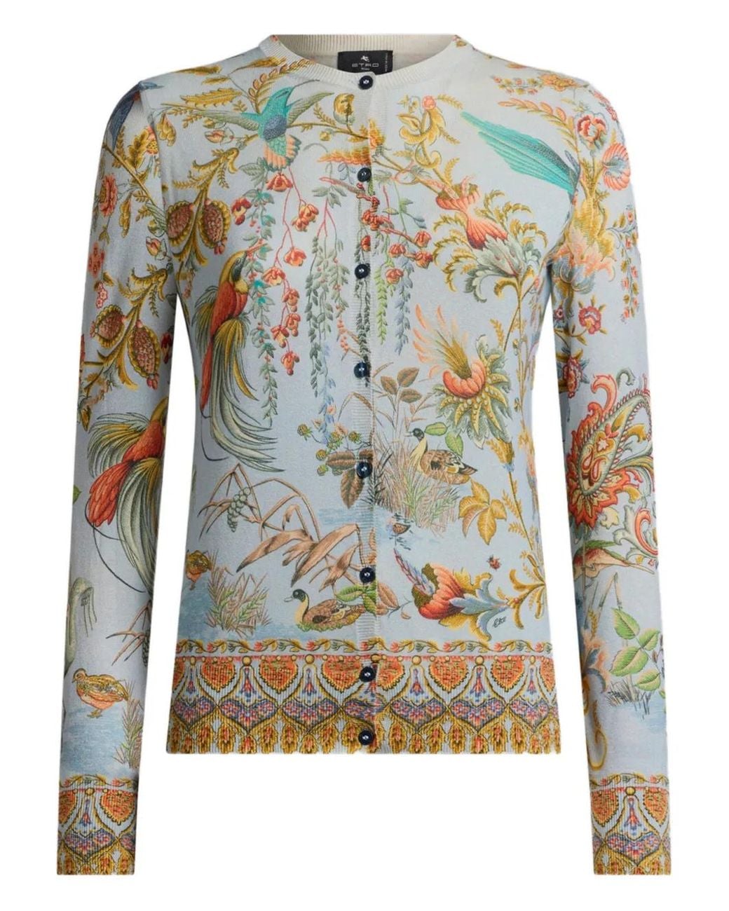 Etro Blue Silk And Cashmere Cardigan With Flora And Fauna Motif