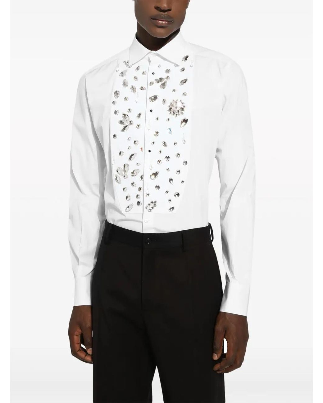 Dolce & Gabbana White Rhinestone-Embellished Cotton Shirt for men