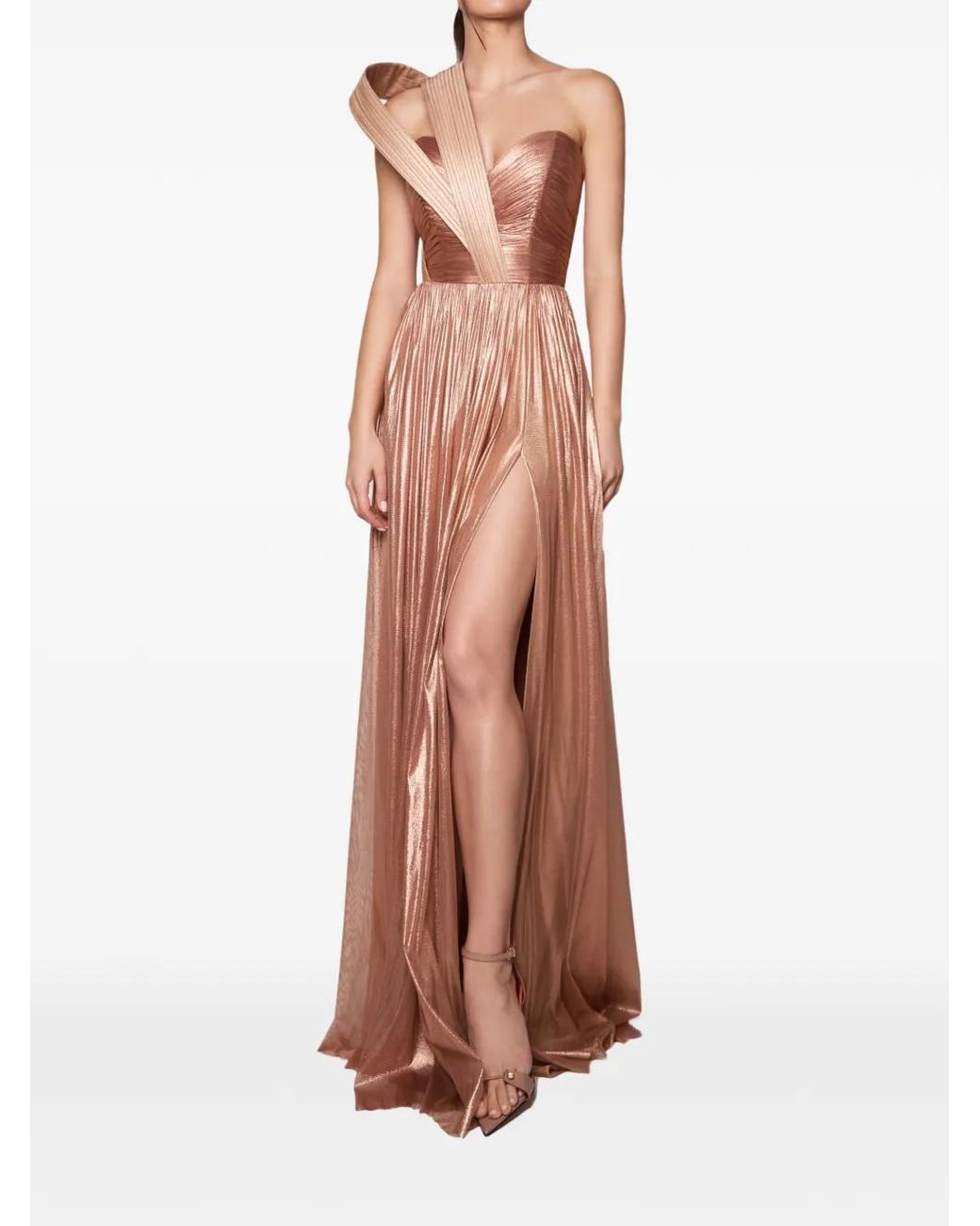 IMROSKA Brown Thalia One-Shoulder Pleated Maxi Dress