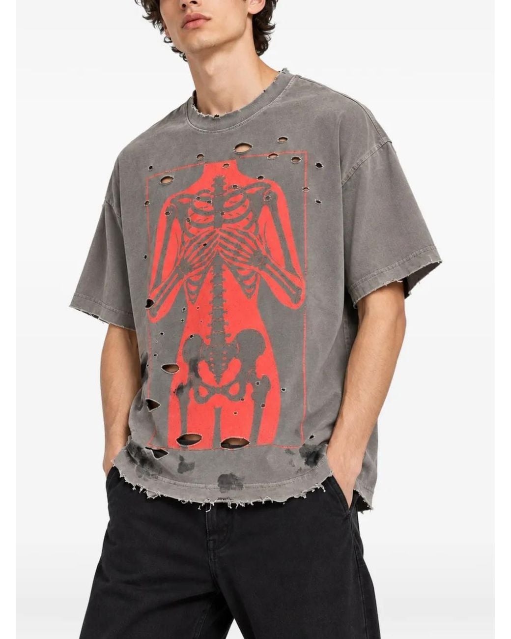 WARMAN Gray Distressed Skeleton-Print T-Shirt for men