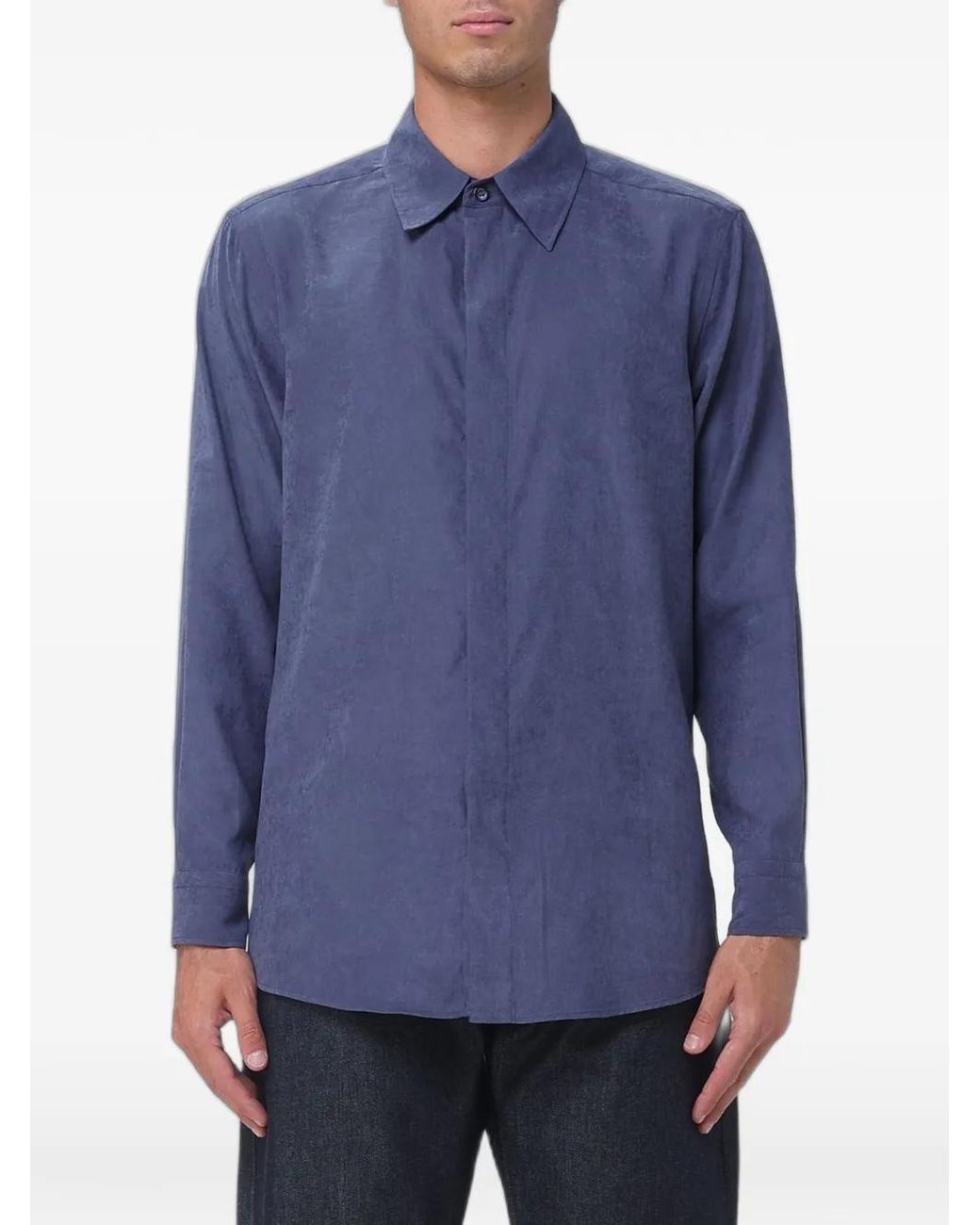 Emporio Armani Blue Concealed-Fastening Long-Sleeve Shirt for men