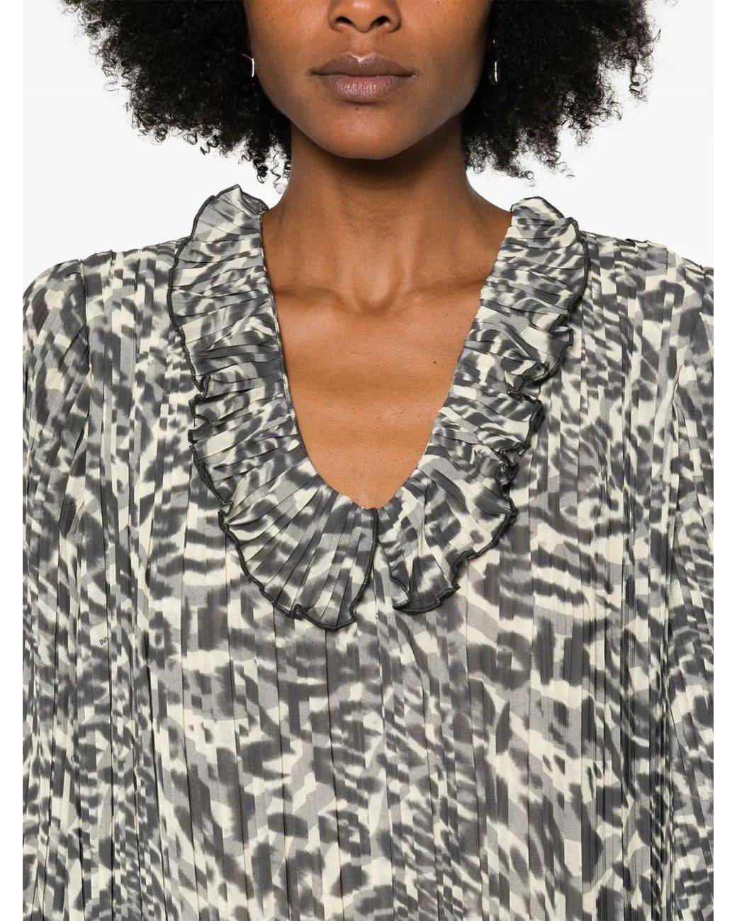 Ganni Gray Printed Pleated Mini Dress