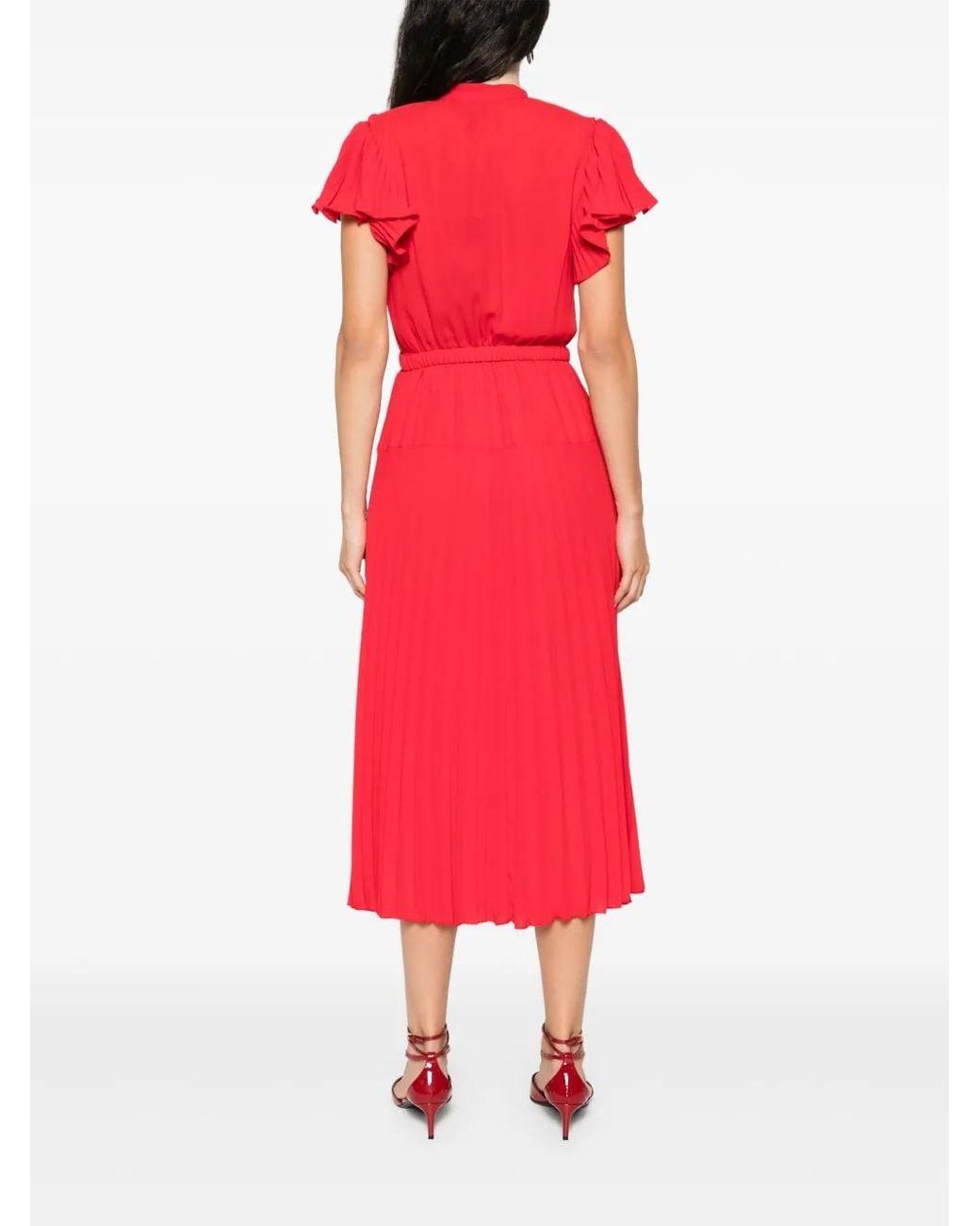 Nissa Red Pleated Midi Dress