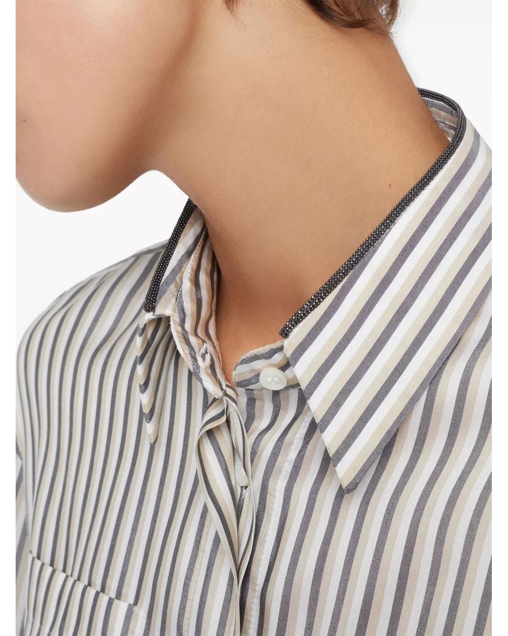 Brunello Cucinelli White Stripe-Print Silk Shirt