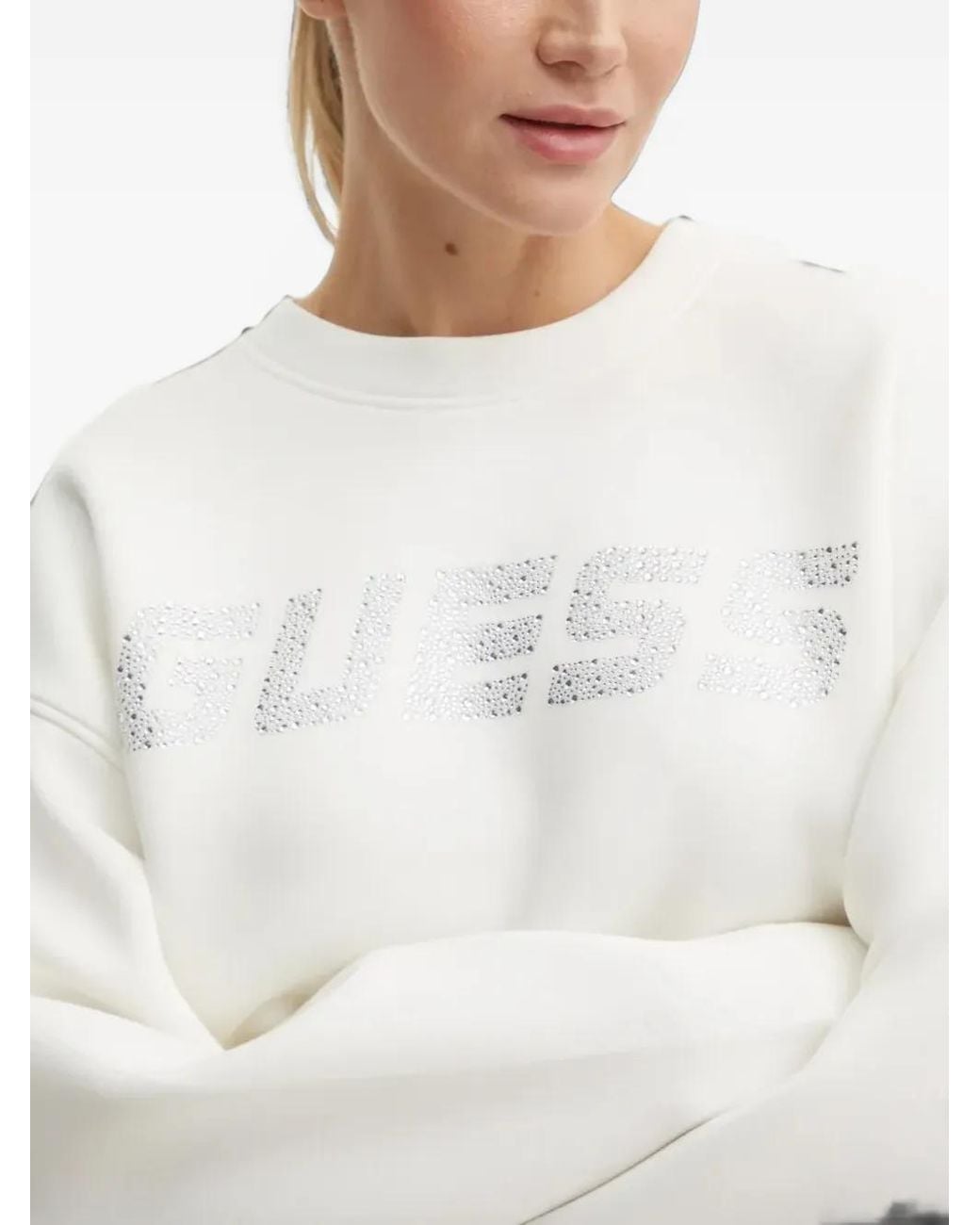 Guess White Cecilia Crystal-Logo Sweatshirt