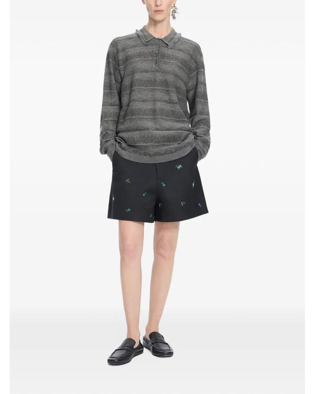 JNBY Gray Striped Textured-Knit Polo Shirt