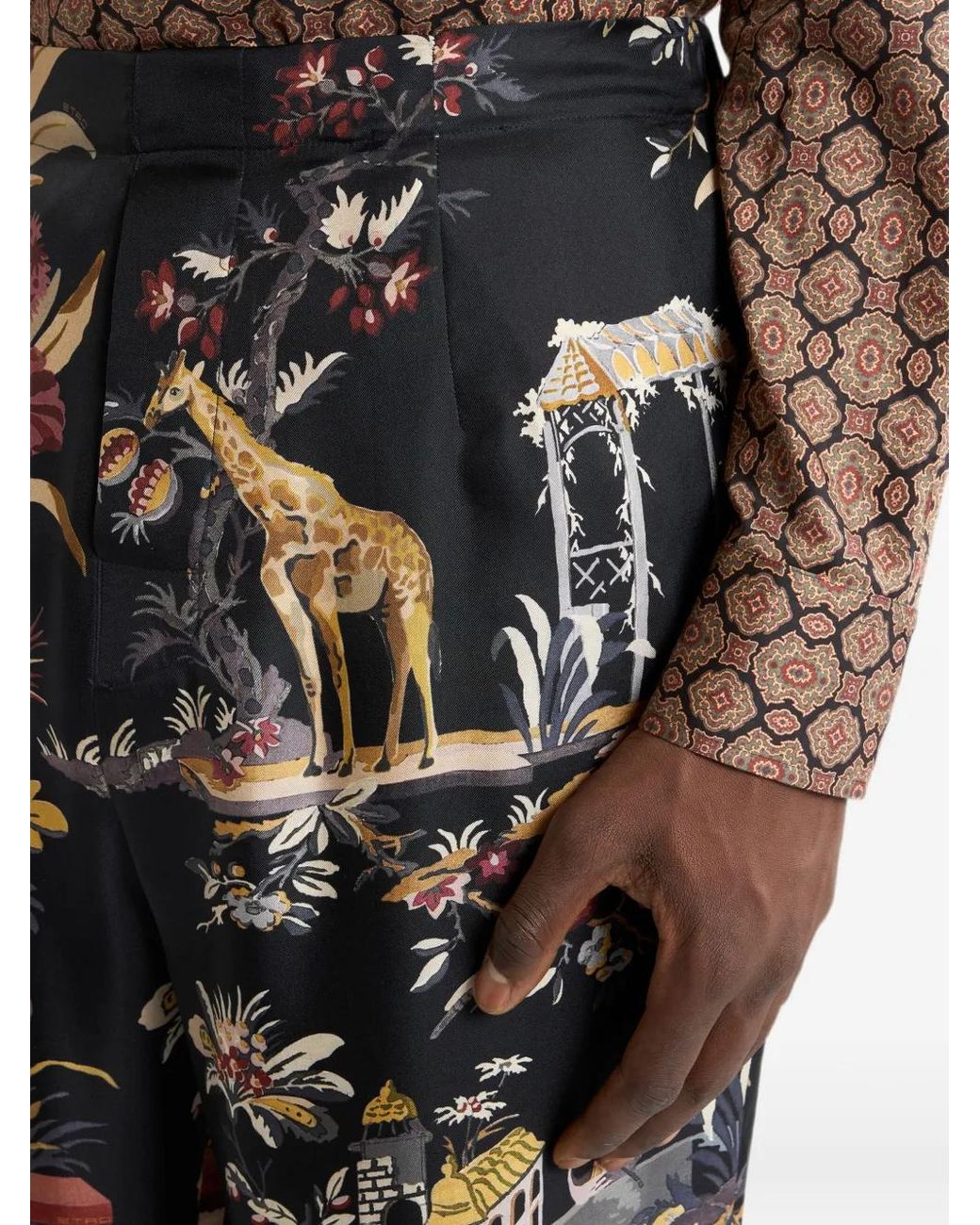 Etro Black Silk Pyjama-Style Trousers With Flower And Animal Motif for men