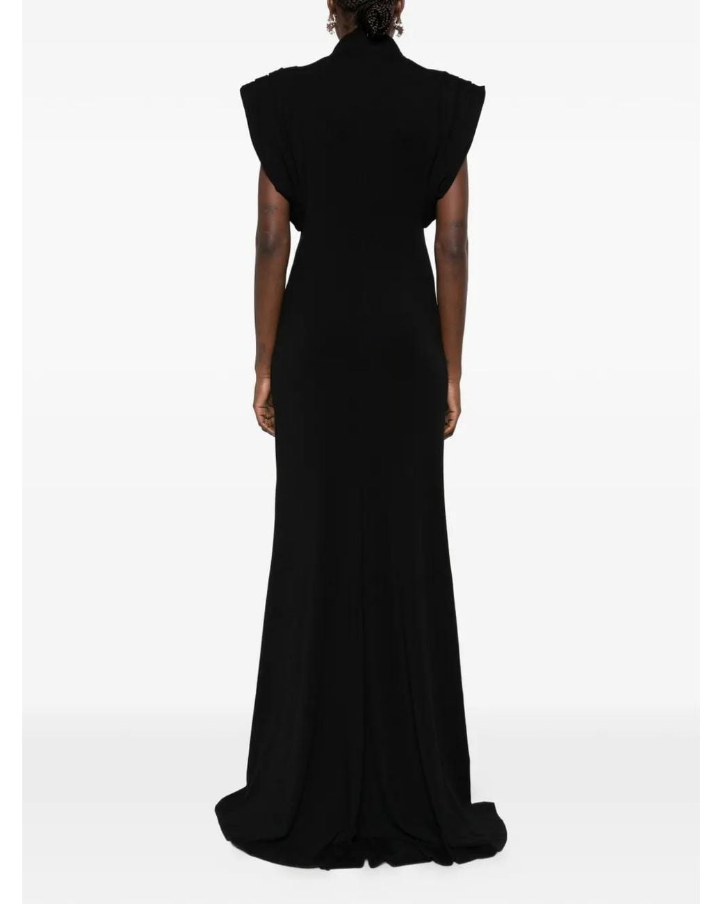 Mugler Black Padded-Shoulder High-Neck Maxi Dress