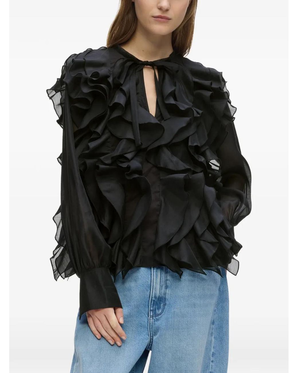 Karl Lagerfeld Black Ruffled Semi-Sheer Blouse