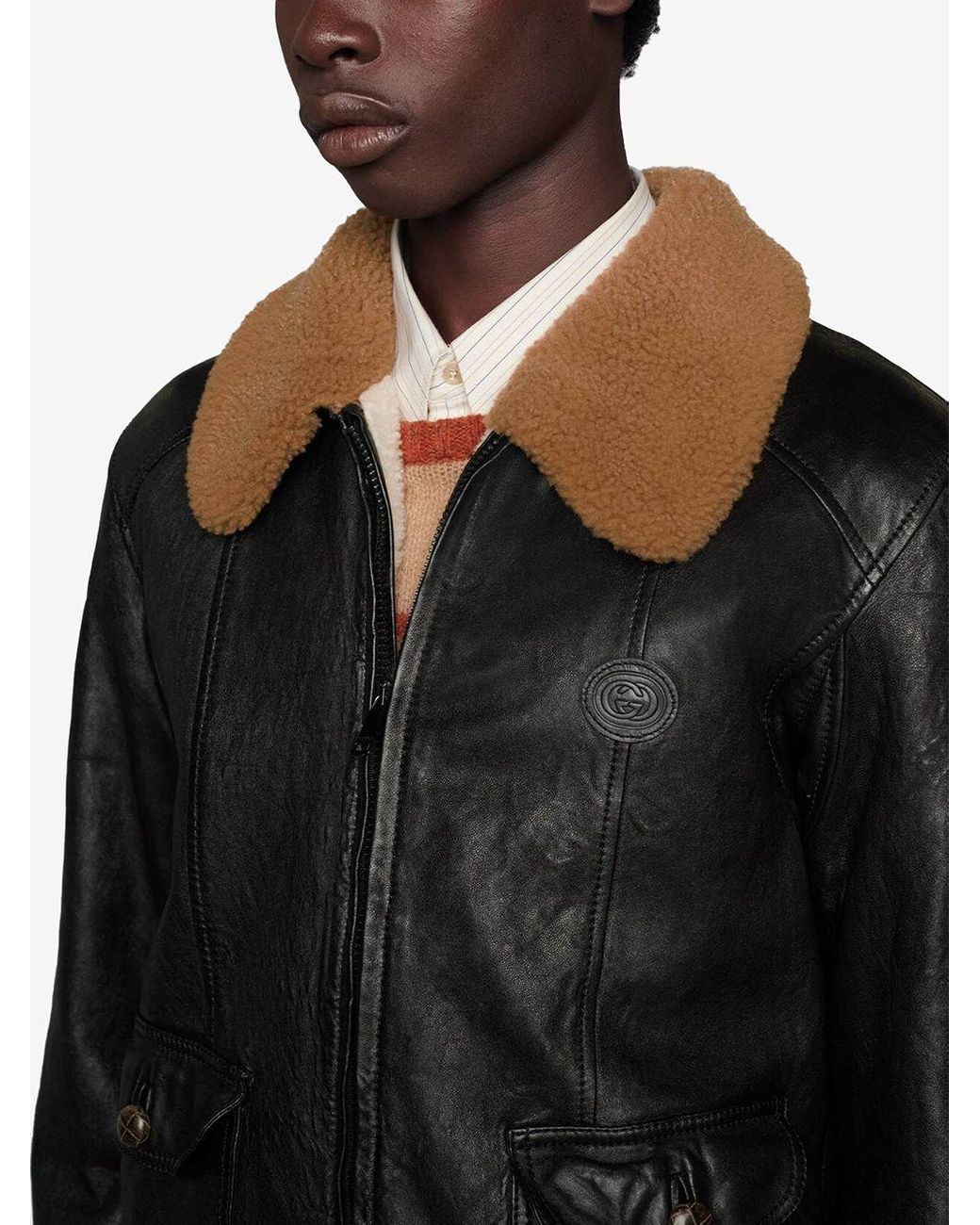 Gucci Shearling Collar Leather Jacket in Black for Men | Lyst
