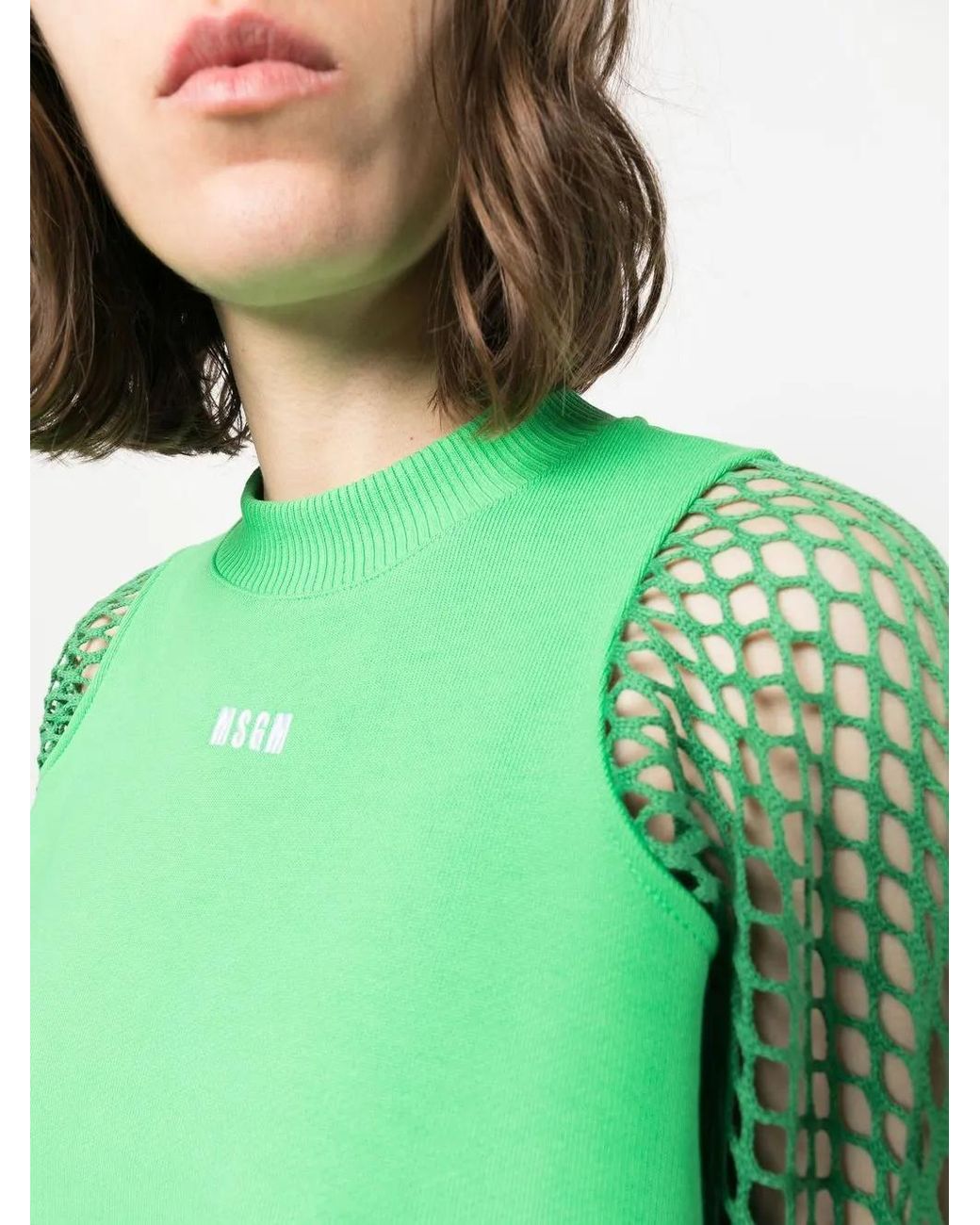 MSGM Green Mesh-Detail Crew Neck Sweatshirt
