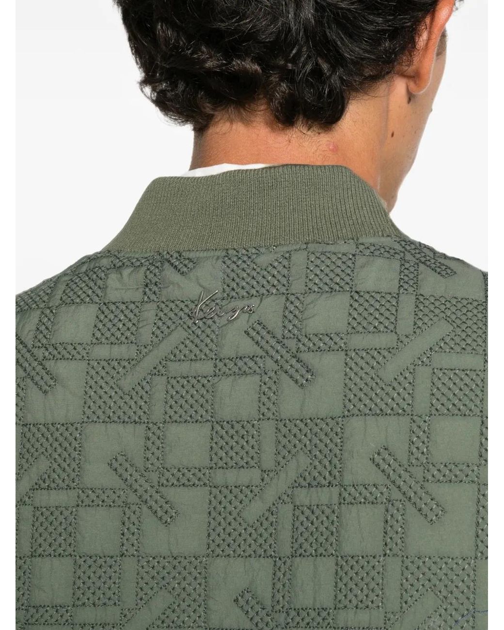 KENZO Green Geometric-Quilted Zip-Up Gilet for men
