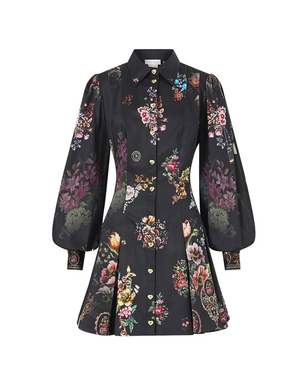 Camilla Black Floral-Print Pleated Mini Shirt Dress