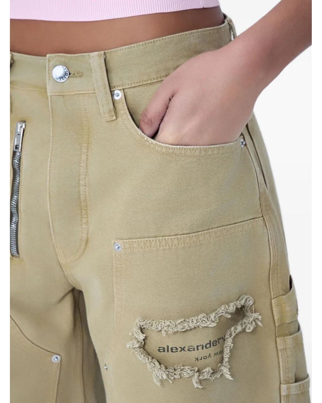 Alexander Wang Natural Zip-Detail Distressed-Frayed Mid-Rise Carpenter Cotton Shorts